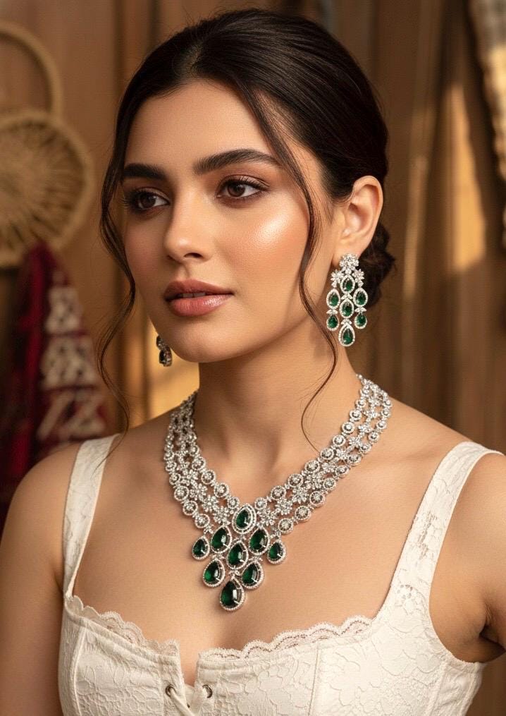 ASHITA Emerald green Necklace and earrings jewelry set in cz American  Diamond, Indian Pakistani wedding bridal jewelry