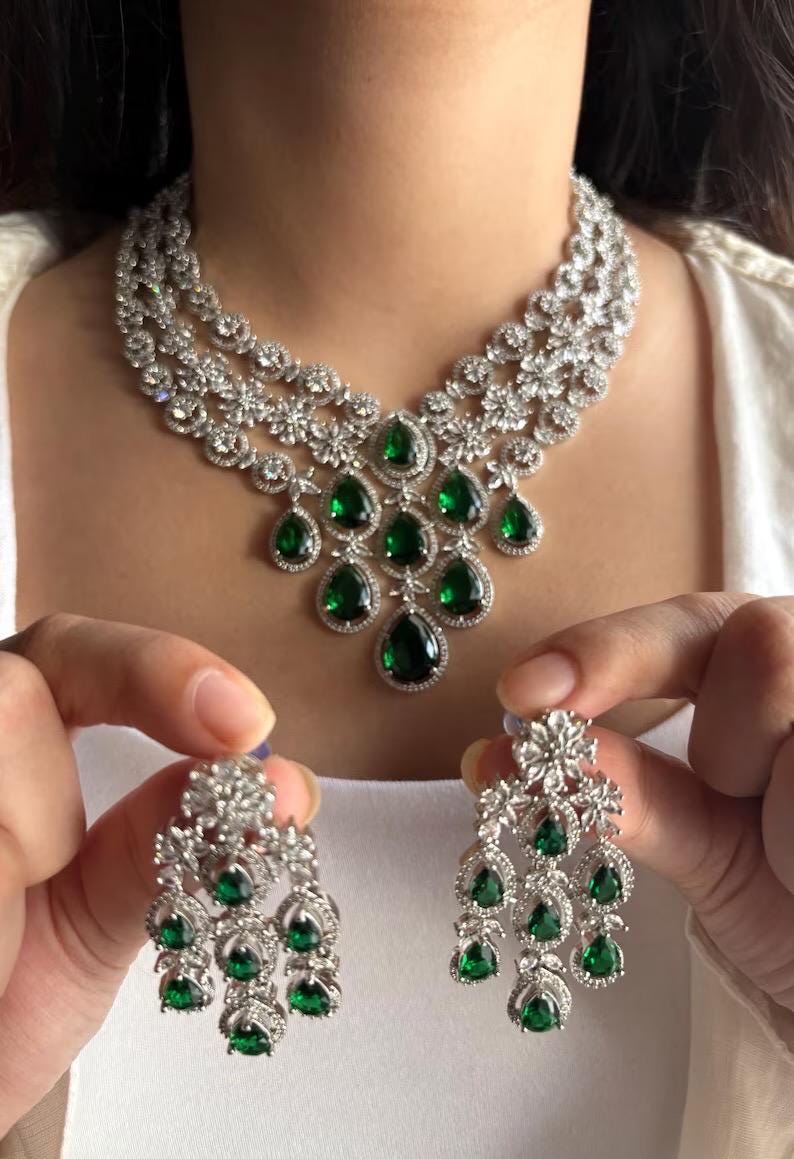 ASHITA Emerald green Necklace and earrings jewelry set in cz American  Diamond, Indian Pakistani wedding bridal jewelry