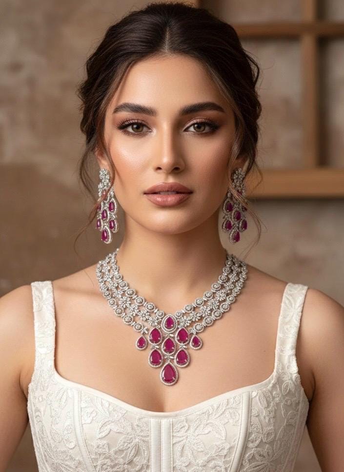 ASHITA Ruby Necklace and earrings jewelry set in cz American  Diamond, Indian Pakistani wedding bridal jewelry