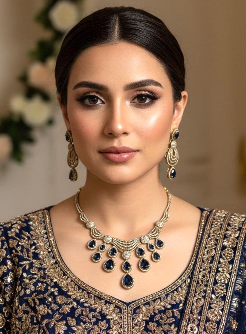 KOYEL navy blue cz zircon necklace set in  mehndi golden polish, Indian pakistani  jewelry in navy blue  colour