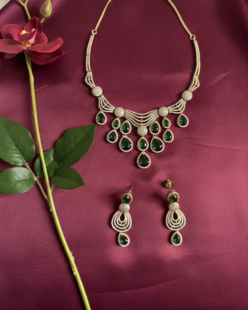 KOYEL green stones cz zircon necklace set in  mehndi golden polish, Indian pakistani  jewelry in green colour