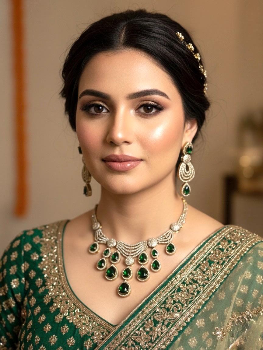 KOYEL green stones cz zircon necklace set in  mehndi golden polish, Indian pakistani  jewelry in green colour