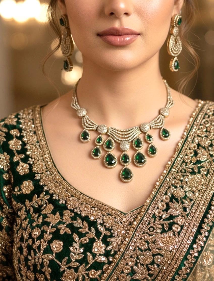 KOYEL green stones cz zircon necklace set in  mehndi golden polish, Indian pakistani  jewelry in green colour