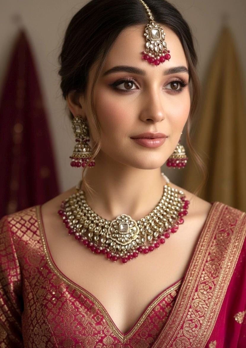 TANJINA Deep Ruby pink and golden cz Kundan choker necklace set with maangtika, Indian Pakistani wedding bridal jewelry
