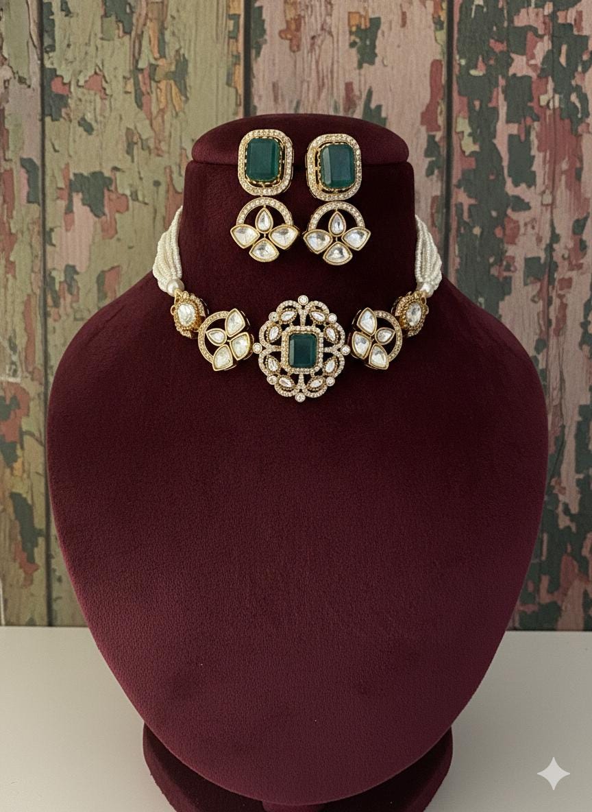LAVYA Emerald green  Doublet Stone Choker Necklace Set with Earrings,Indian Pakistani wedding jewelry