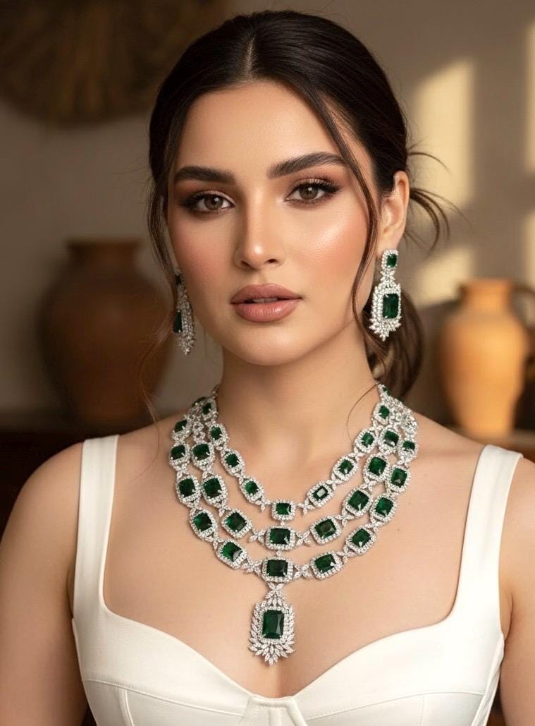 EILEENA Multilayer Emerald Green American Diamond High Quality necklace set wedding bridal  jewelry,zircon cz, pakistani Nikaah jewelry