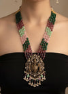 BRINDA Indian temple style multistrand kundan necklace set,multicoloured gemstone beads,antique finish Lord Krishna pendant,heritage jewelry