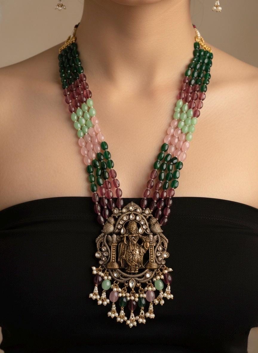 BRINDA Indian temple style multistrand kundan necklace set,multicoloured gemstone beads,antique finish Lord Krishna pendant,heritage jewelry