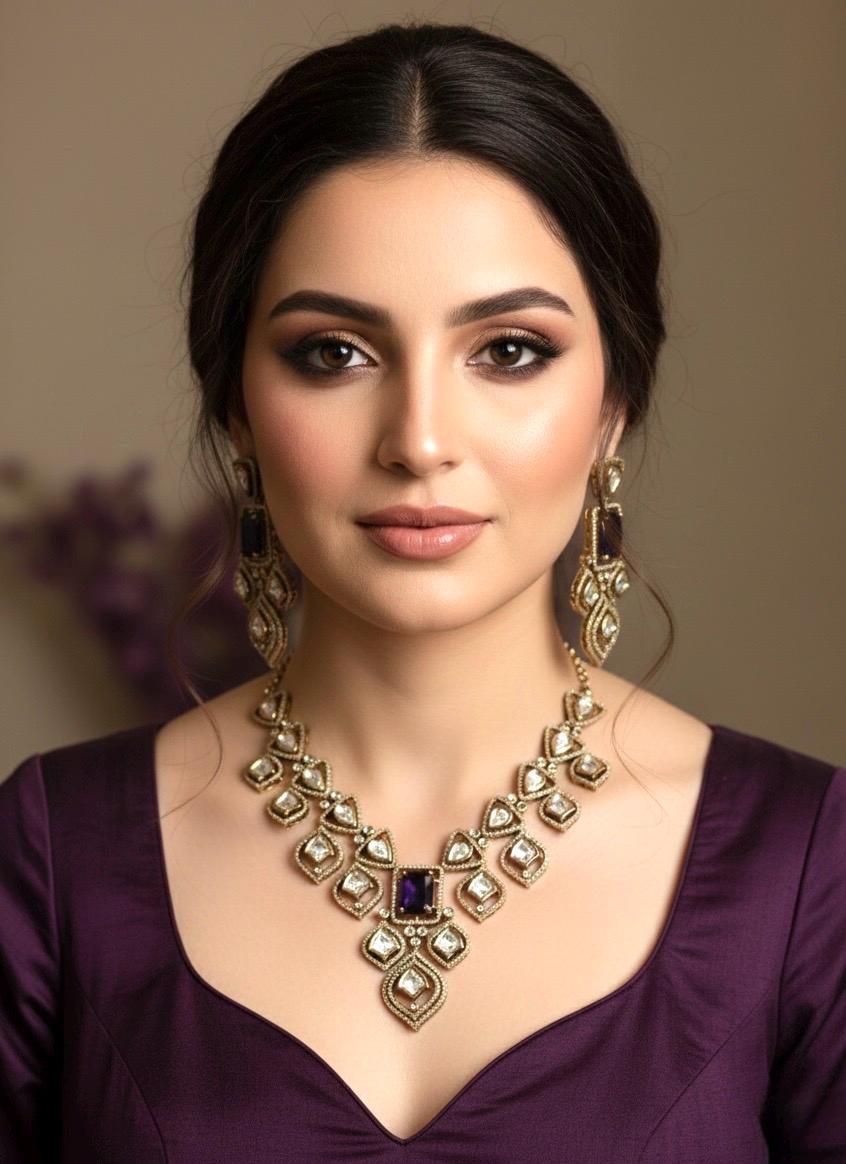 MENUKA Victorian style Purple Doublet Stone Necklace Set with Earrings, kundan necklace set, Indian Pakistani traditional jewelry