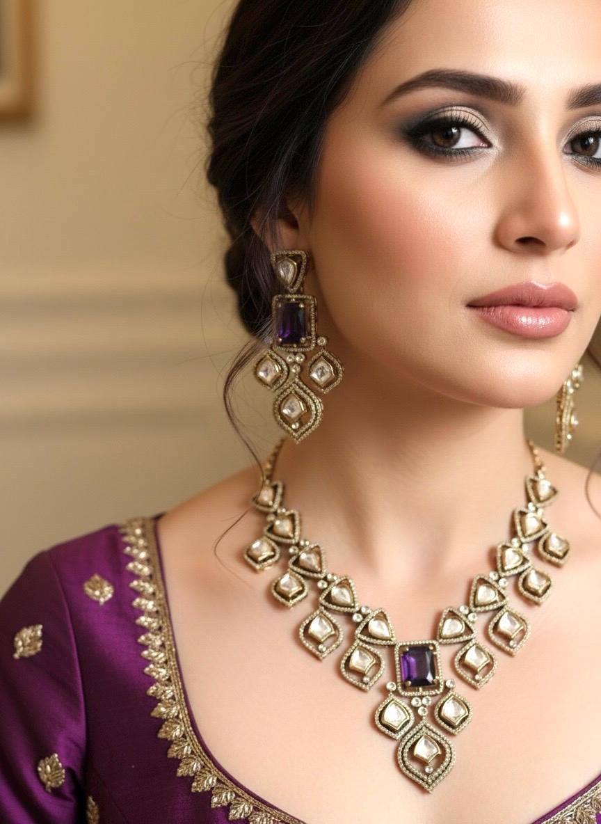 MENUKA Victorian style Purple Doublet Stone Necklace Set with Earrings, kundan necklace set, Indian Pakistani traditional jewelry