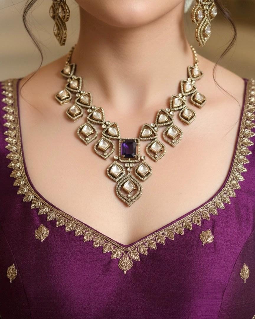 MENUKA Victorian style Purple Doublet Stone Necklace Set with Earrings, kundan necklace set, Indian Pakistani traditional jewelry