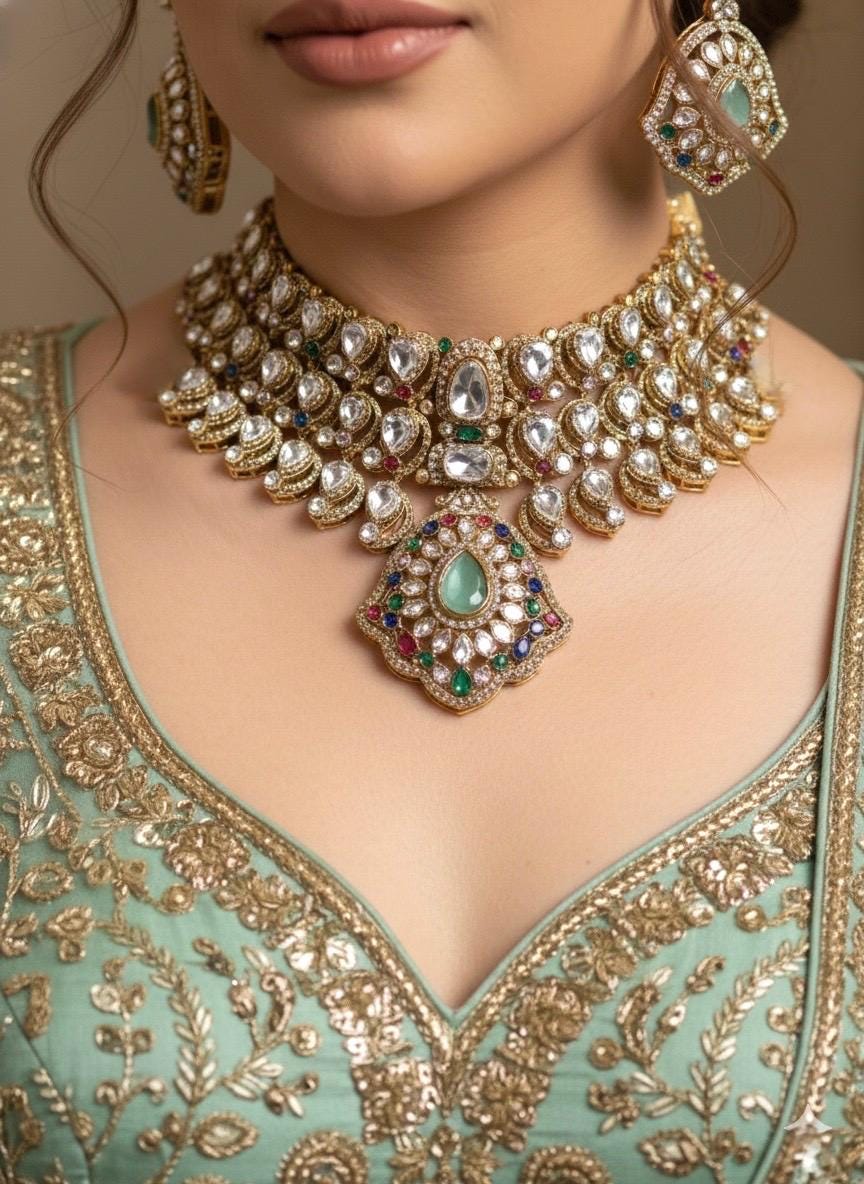 MEHRNAZ  Royal look Multicoloured kundan and polki choker Necklace Set,Indian Pakistani  wedding bridal jewelry in doublet stone