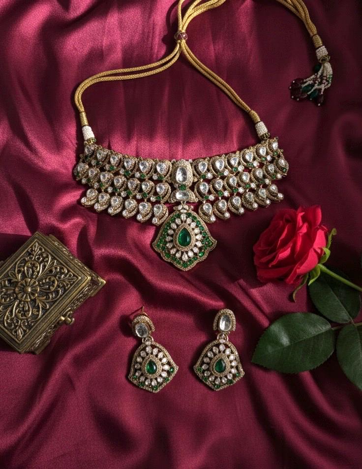 MEHRNAZ Royal look Emerald green kundan and polki choker Necklace Set,Indian Pakistani  wedding bridal jewelry in doublet stone