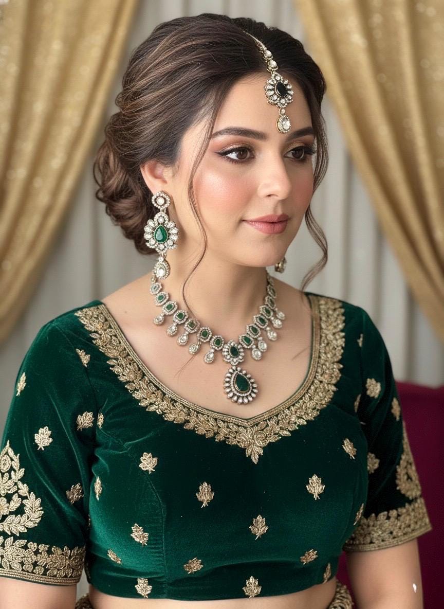 ZEYA Kundan and cz zircon Choker necklace earrings and maangtika in green colour ,Indian Pakistani traditional jewelery in Victorian style