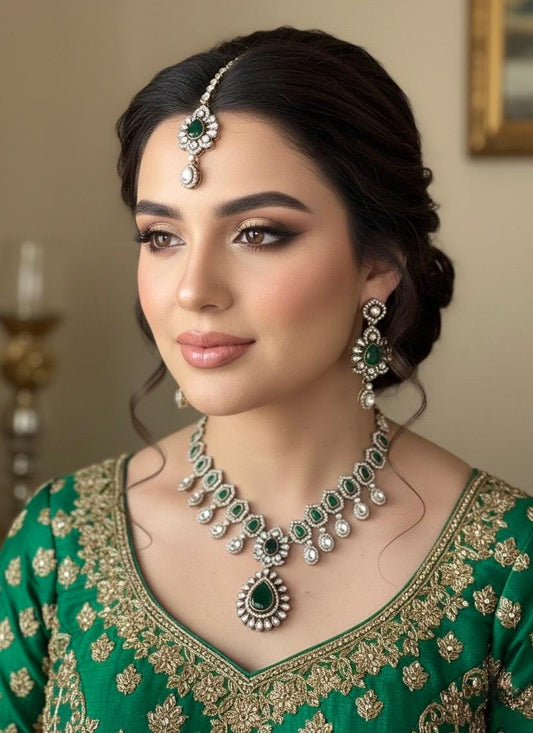 ZEYA Kundan and cz zircon Choker necklace earrings and maangtika in green colour ,Indian Pakistani traditional jewelery in Victorian style