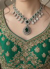 ZEYA Kundan and cz zircon Choker necklace earrings and maangtika in green colour ,Indian Pakistani traditional jewelery in Victorian style