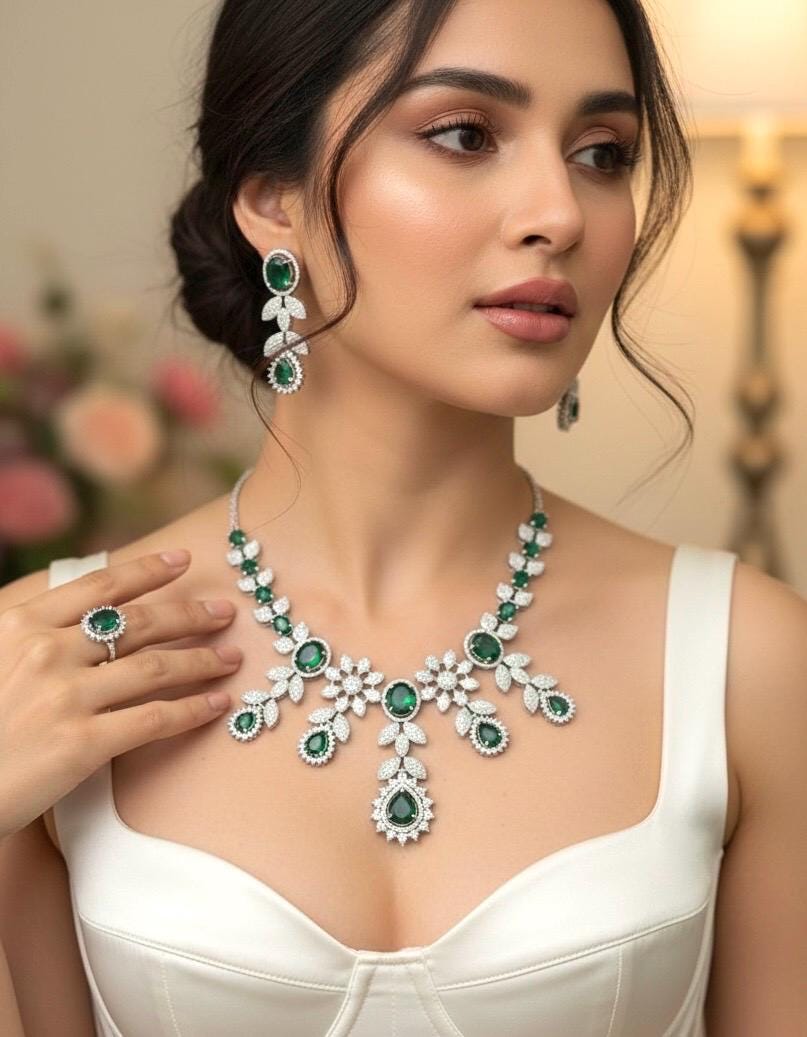 NIZA Emerald green American Diamond Necklace Set /Pakistani bridal nikaah wedding jewelry,Indian green colour jewelry maangtika included