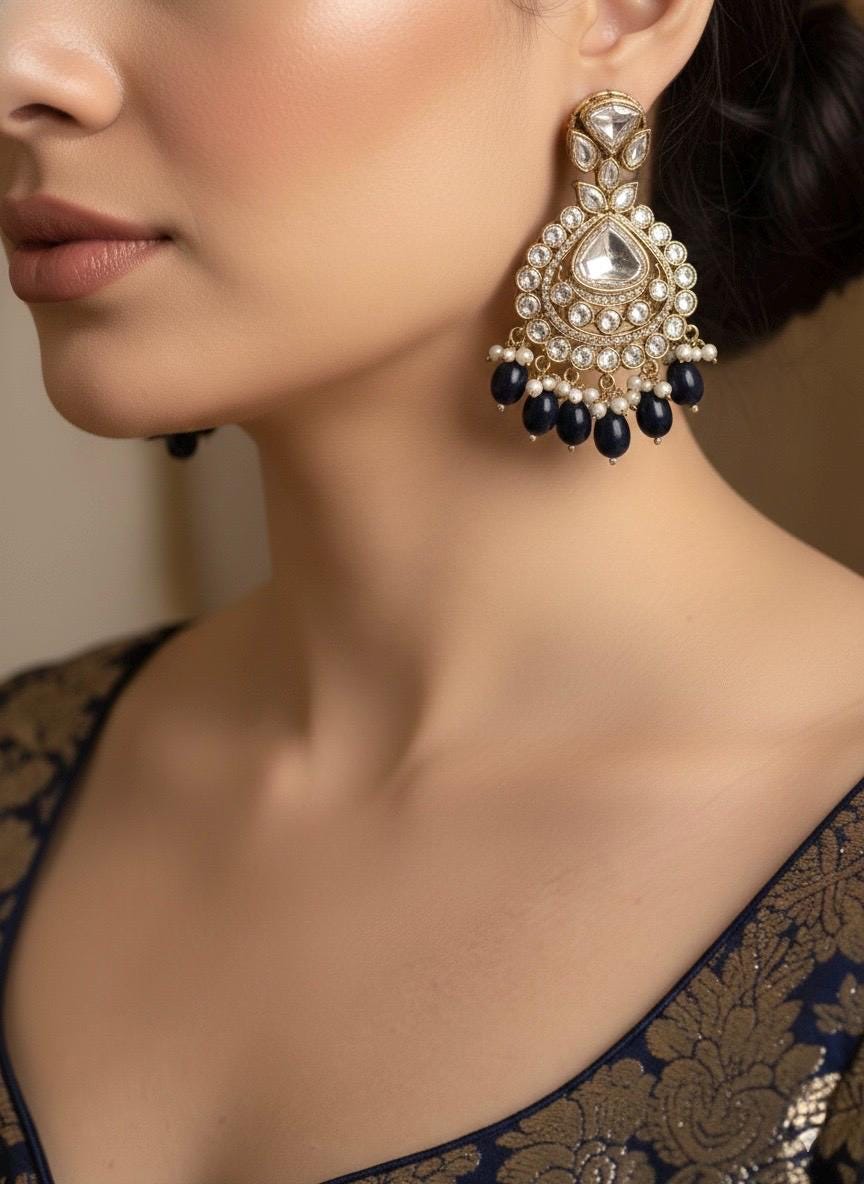 CHARVI navy blue and golden cz Kundan necklace set with maangtika, Indian Pakistani wedding bridal jewelry
