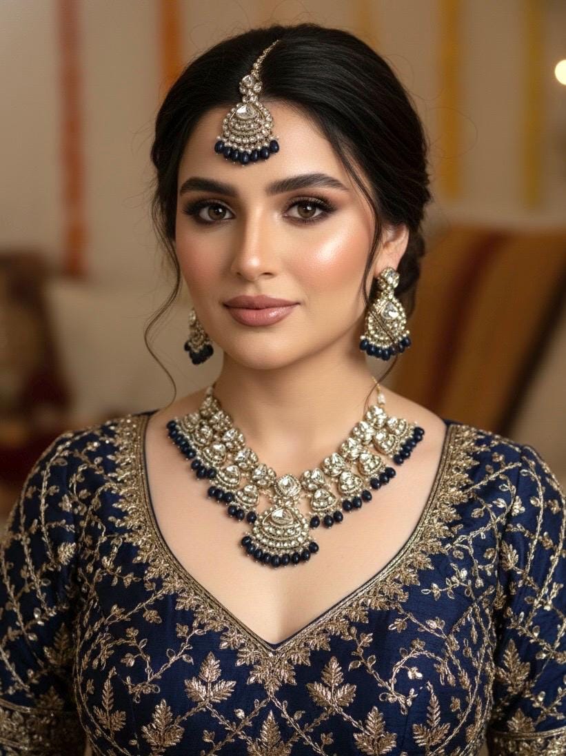 CHARVI navy blue and golden cz Kundan necklace set with maangtika, Indian Pakistani wedding bridal jewelry