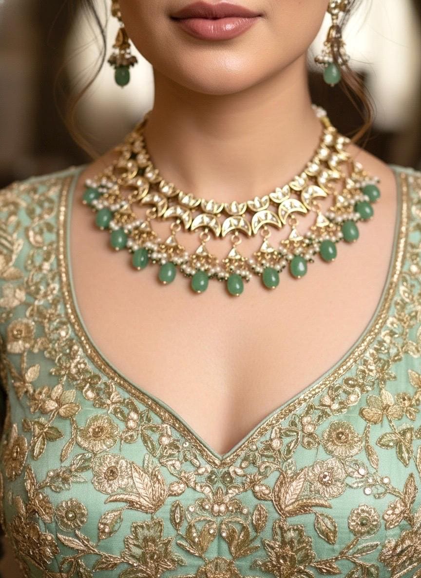 REYNA Sabyasachi inspired Mint  Fusion Kundan necklace set, indian wedding Rajwada jewelry/ pakistani jewelry