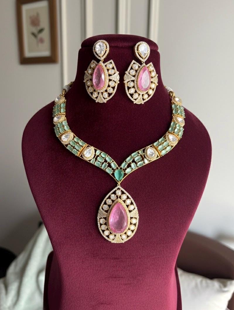 SUHAIRA Sabyasachi inspired mint pink colour  kundan necklace set in premium quality doublet stones,Indian wedding Bridal pakistani jewelery