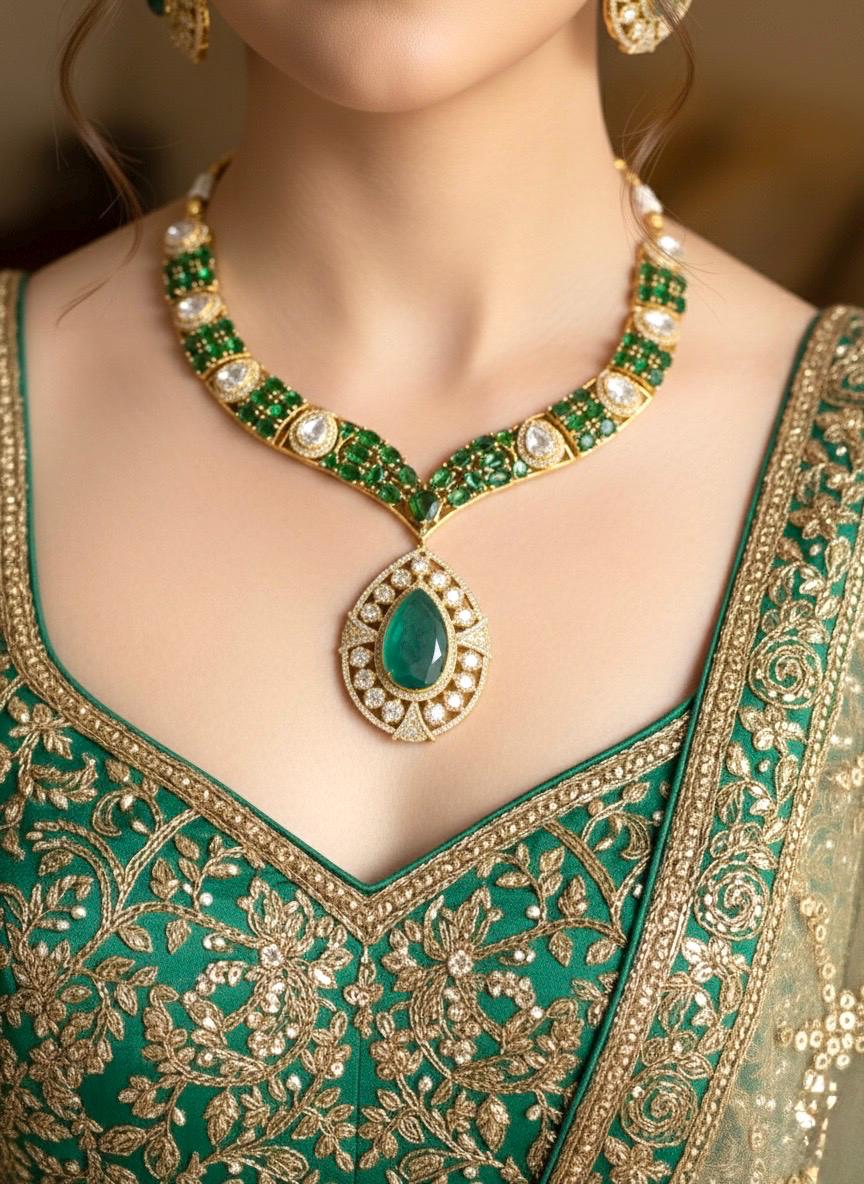SUHAIRA Sabyasachi inspired Emerald green kundan and polki necklace set in doublet stones,Indian wedding Bridal pakistani jewelery