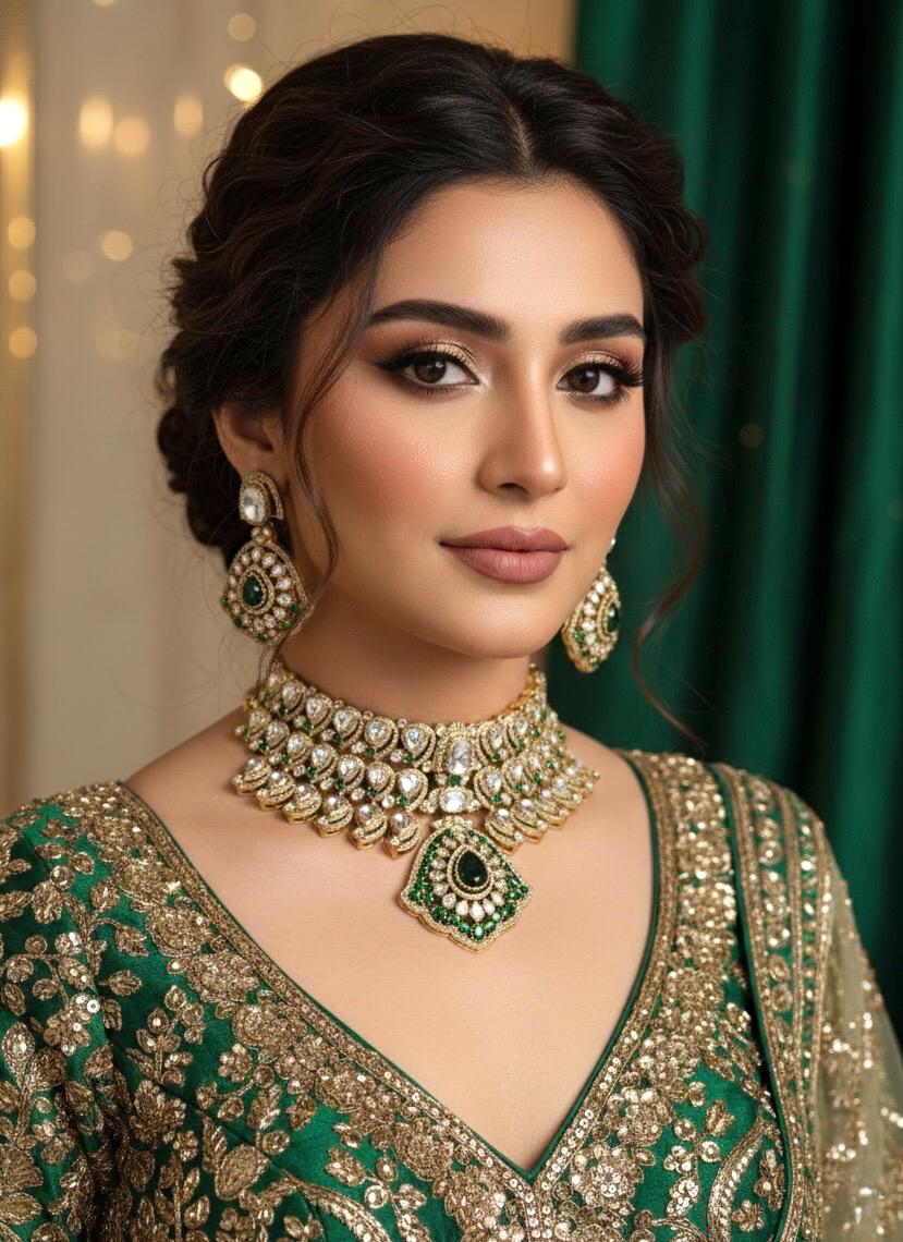 MEHRNAZ Royal look Emerald green kundan and polki choker Necklace Set,Indian Pakistani  wedding bridal jewelry in doublet stone