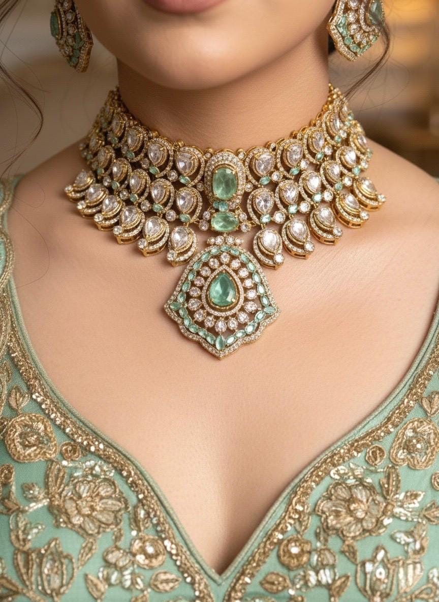 SABEEN Mint green Doublet Stone kundan Necklace choker Set  Earrings,moissanite kundan Indian Pakistani wedding bridal  jewelry