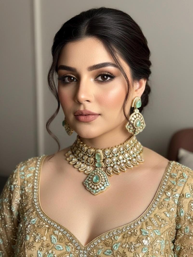 SABEEN Mint green Doublet Stone kundan Necklace choker Set  Earrings,moissanite kundan Indian Pakistani wedding bridal  jewelry