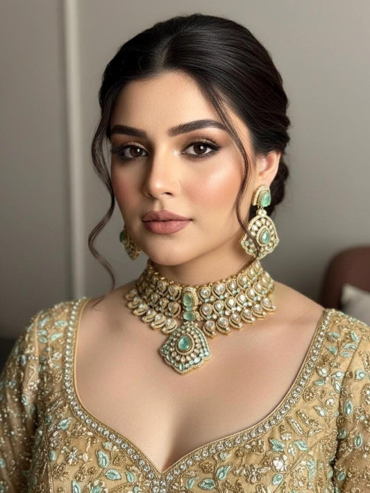SABEEN Mint green Doublet Stone kundan Necklace choker Set  Earrings,moissanite kundan Indian Pakistani wedding bridal  jewelry