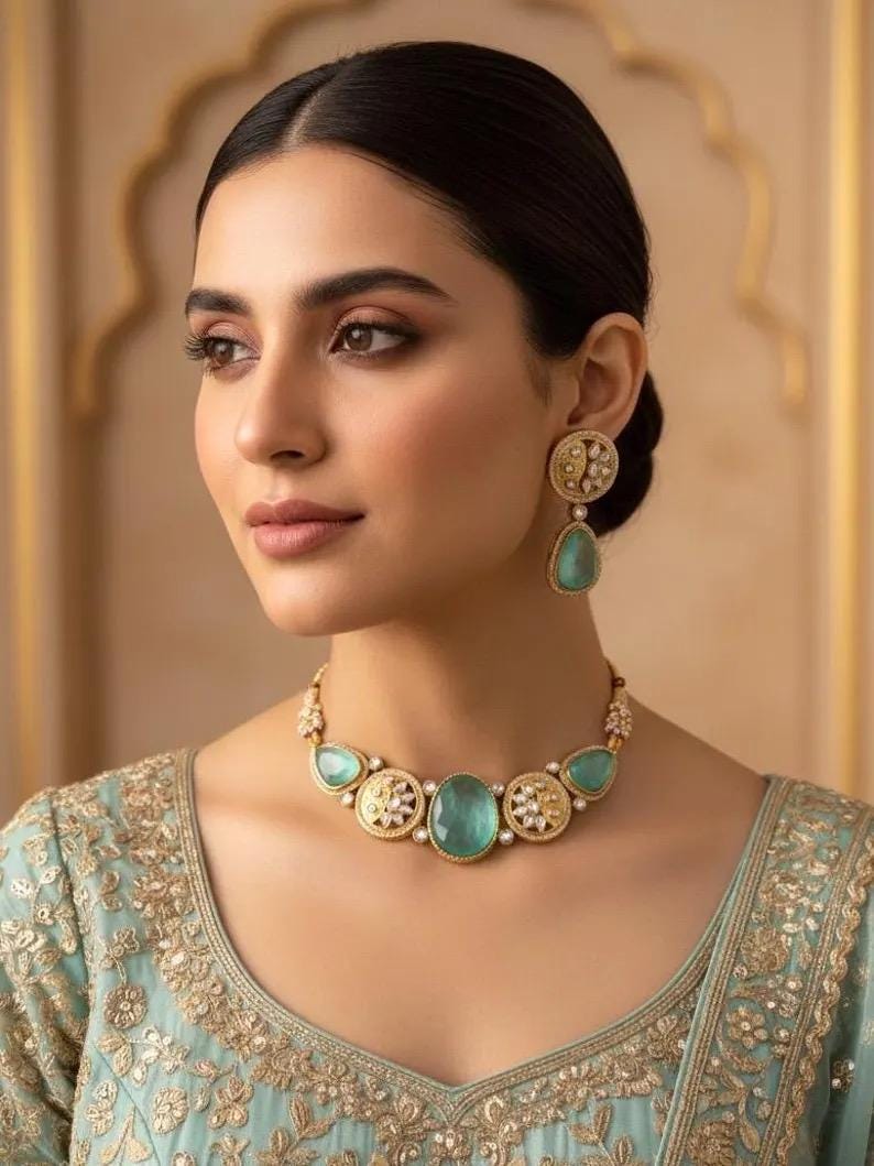 MEHA Mint Doublet Stone Choker Necklace Set with Earrings,Indian Pakistani wedding jewelry