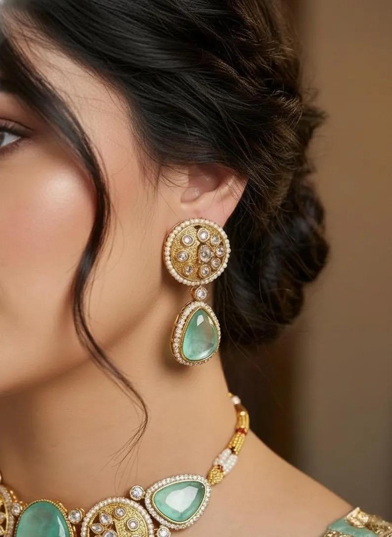 MEHA Mint Doublet Stone Choker Necklace Set with Earrings,Indian Pakistani wedding jewelry