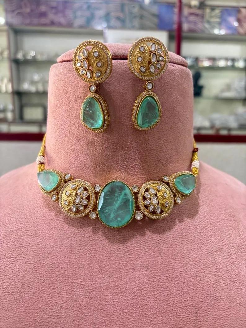 MEHA Mint Doublet Stone Choker Necklace Set with Earrings,Indian Pakistani wedding jewelry