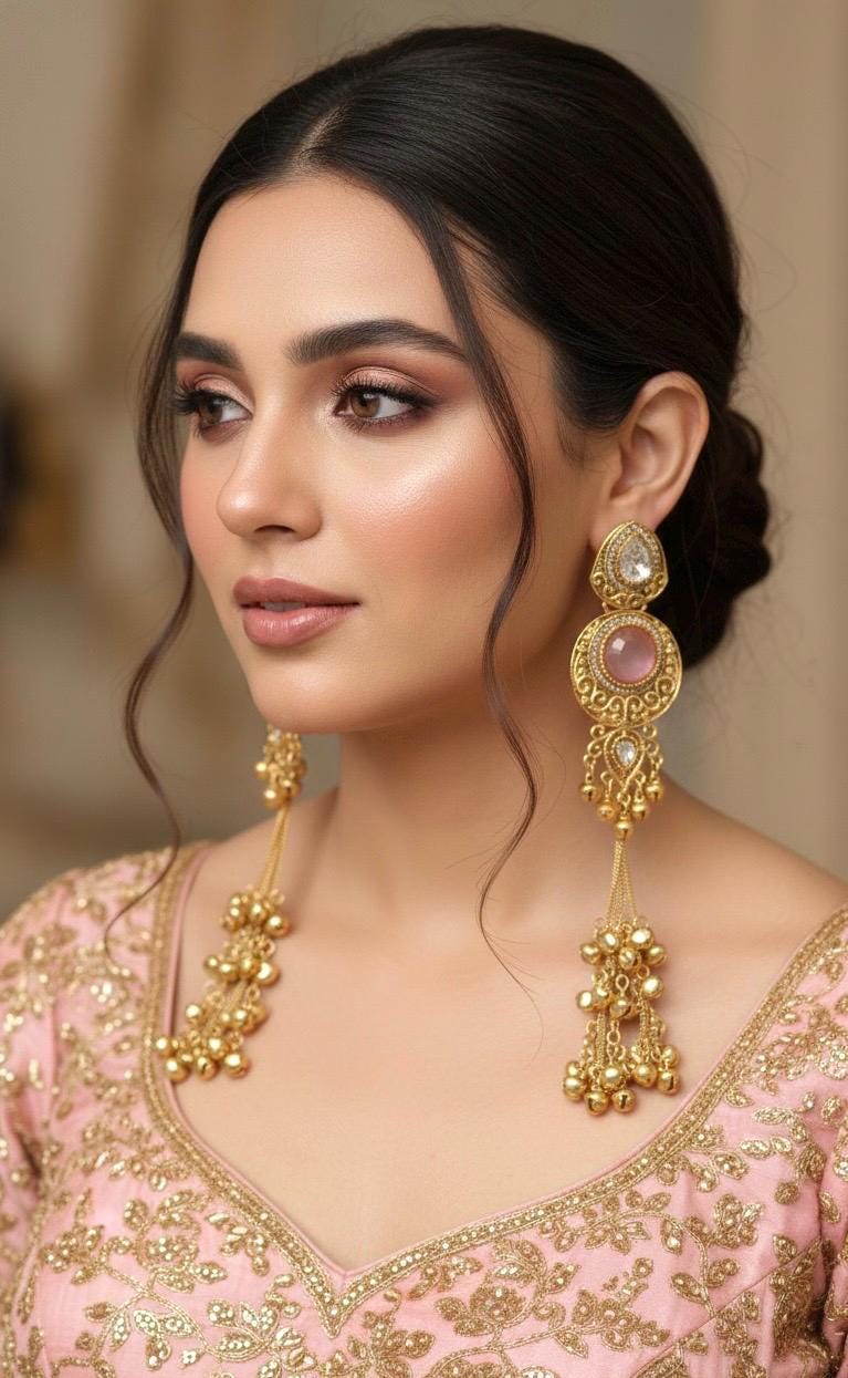 SHIVI Pink and golden Ghunghroo earrings, Kashmiri long statement earrings, Indian Pakistani ethnic tradition wedding jewelry