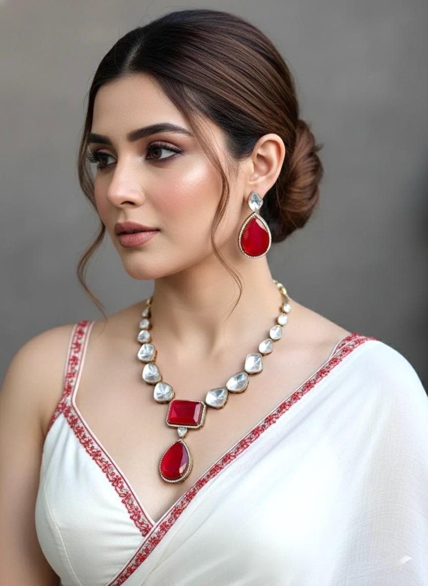 SARGAM Gold Finish Ruby Red Doublet Stones Uncut Polki Kundan Wedding Jewelry Necklace Set with Earrings Indian pakistani jewelry