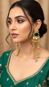 PRIA Green and golden Ghunghroo earrings, Kashmiri long statement earrings, Indian Pakistani ethnic tradition wedding jewelry