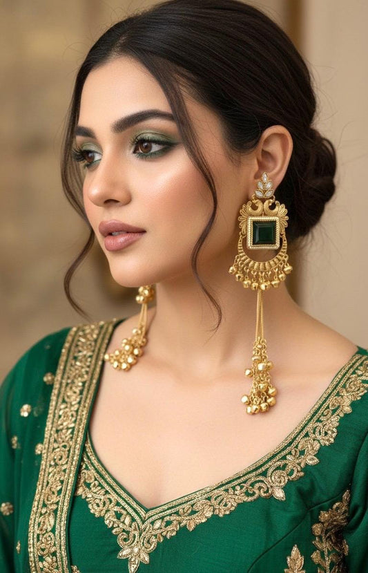 KIRAT Green and golden Ghunghroo earrings, Kashmiri long statement earrings, Indian Pakistani ethnic tradition wedding jewelry