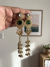 SHIVI Green and golden Ghunghroo earrings, Kashmiri long statement earrings, Indian Pakistani ethnic tradition wedding jewelry