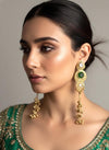 SHIVI Green and golden Ghunghroo earrings, Kashmiri long statement earrings, Indian Pakistani ethnic tradition wedding jewelry