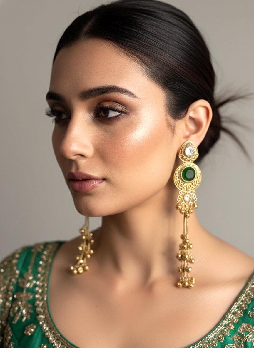 SHIVI Green and golden Ghunghroo earrings, Kashmiri long statement earrings, Indian Pakistani ethnic tradition wedding jewelry