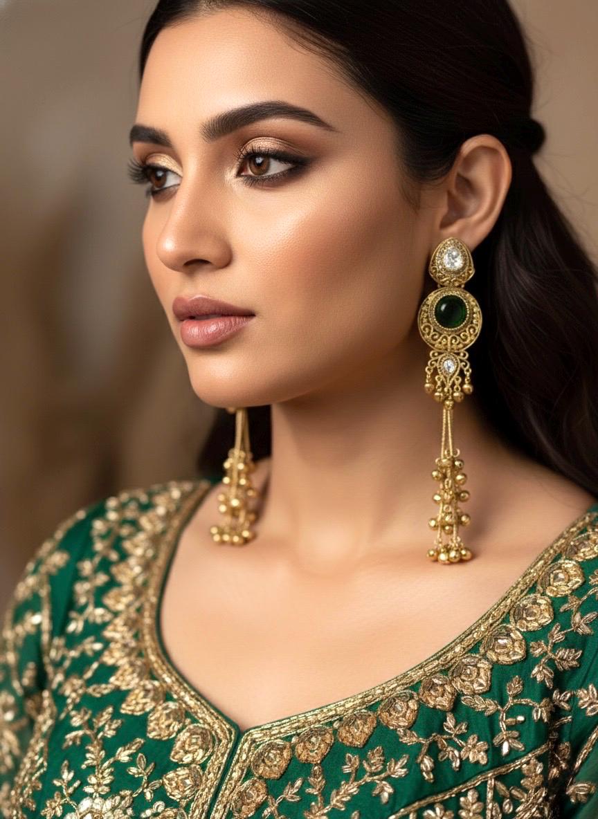 SHIVI Green and golden Ghunghroo earrings, Kashmiri long statement earrings, Indian Pakistani ethnic tradition wedding jewelry