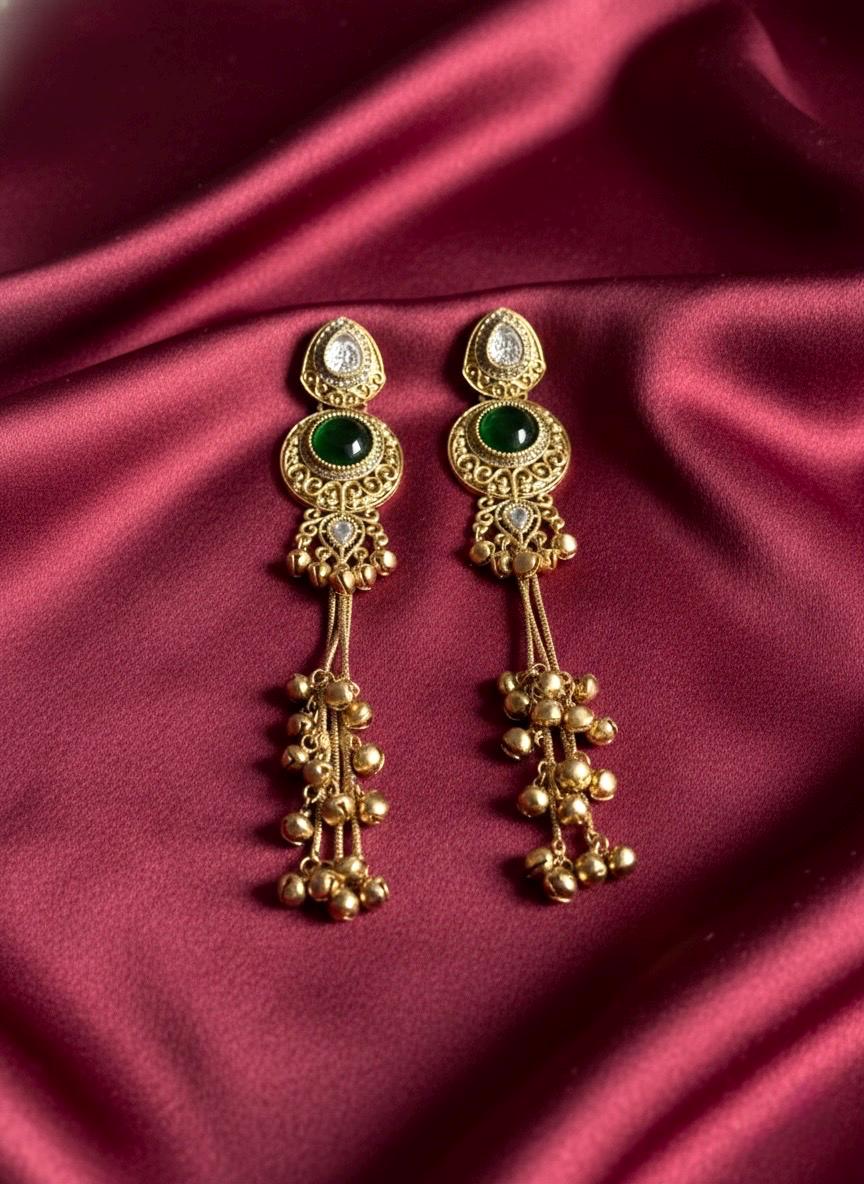 SHIVI Green and golden Ghunghroo earrings, Kashmiri long statement earrings, Indian Pakistani ethnic tradition wedding jewelry
