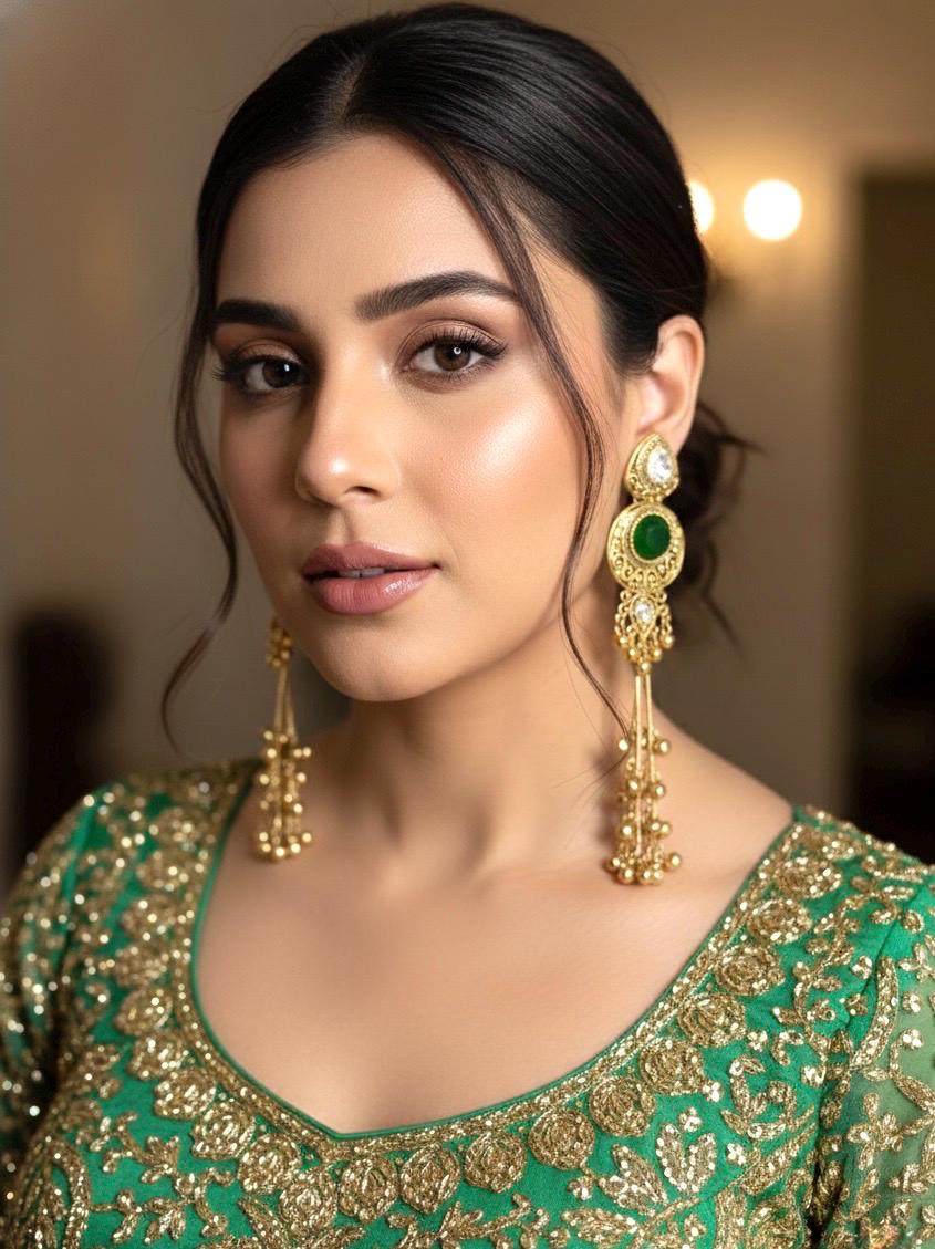 SHIVI Green and golden Ghunghroo earrings, Kashmiri long statement earrings, Indian Pakistani ethnic tradition wedding jewelry