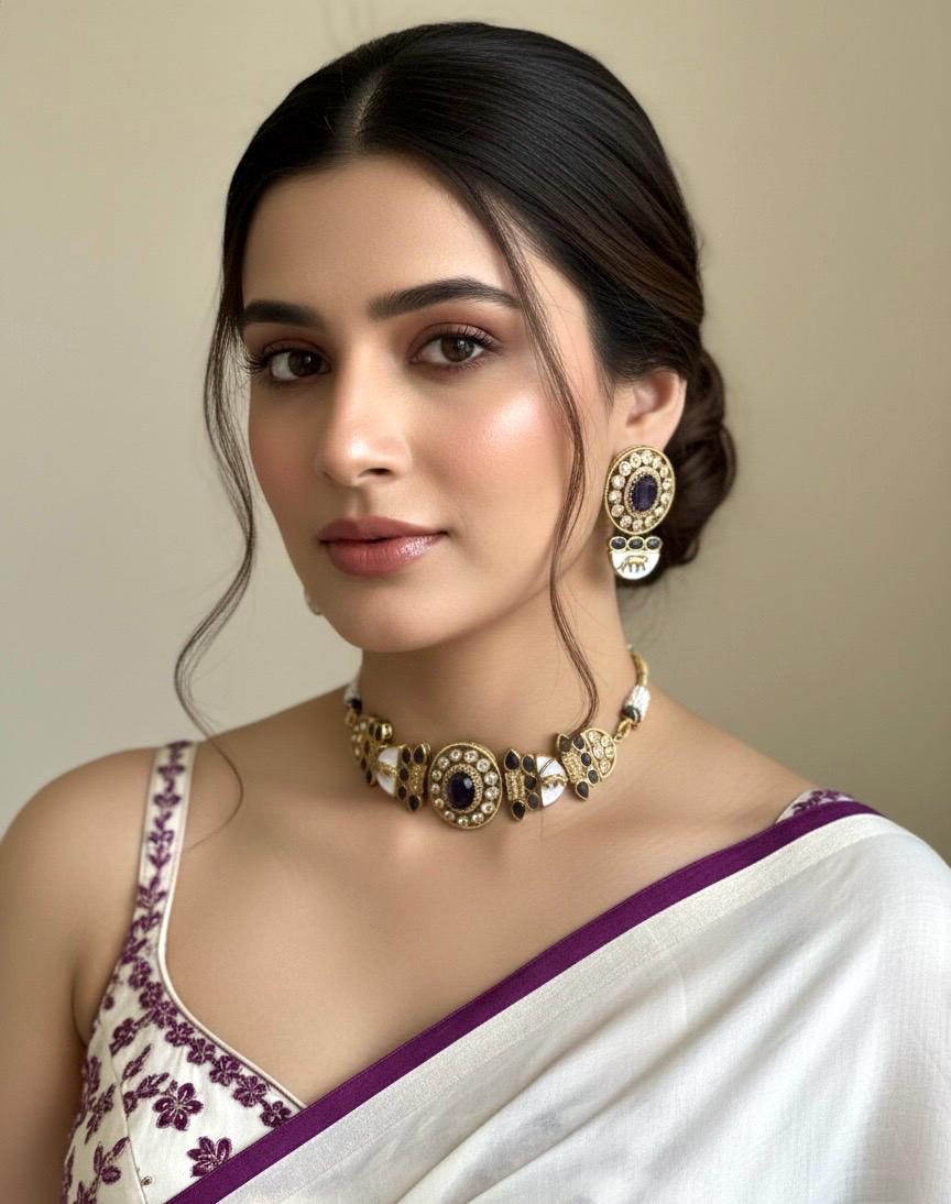 NIYA Sabyasachi inspired Purple kundan choker with Earrings, Indian Pakistani traditional wedding jewelry, purple colour necklace set
