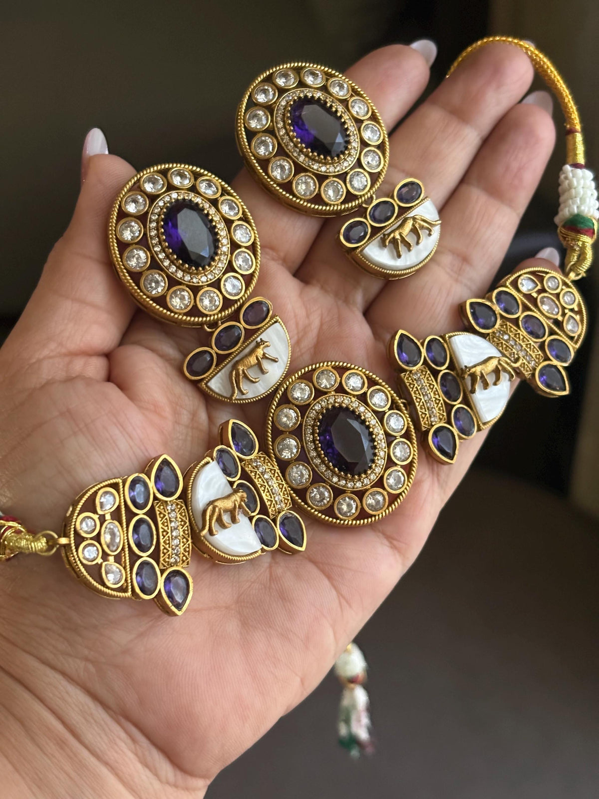 NIYA Sabyasachi inspired Purple kundan choker with Earrings, Indian Pakistani traditional wedding jewelry, purple colour necklace set