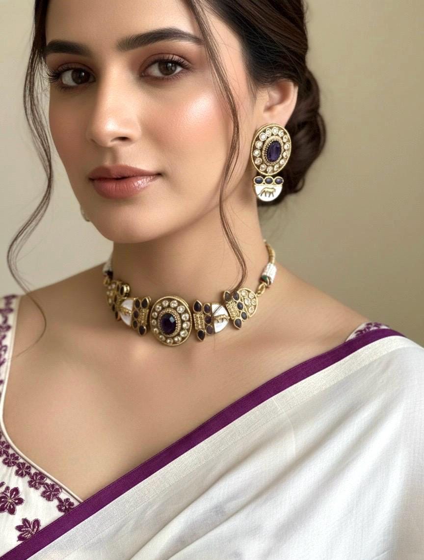 NIYA Sabyasachi inspired Purple kundan choker with Earrings, Indian Pakistani traditional wedding jewelry, purple colour necklace set