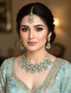 INA sky blue kundan and meenakari Necklace set with maangtika,Indian Pakistani wedding jewelry, blue colour traditional jewelry