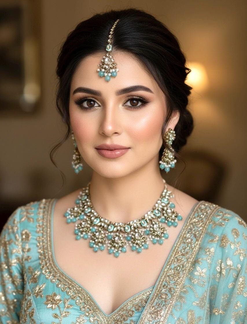 INA sky blue kundan and meenakari Necklace set with maangtika,Indian Pakistani wedding jewelry, blue colour traditional jewelry