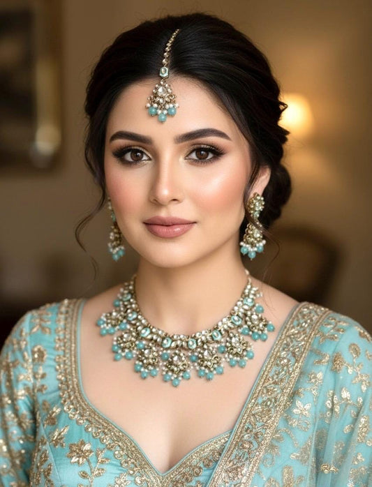 INA sky blue kundan and meenakari Necklace set with maangtika,Indian Pakistani wedding jewelry, blue colour traditional jewelry
