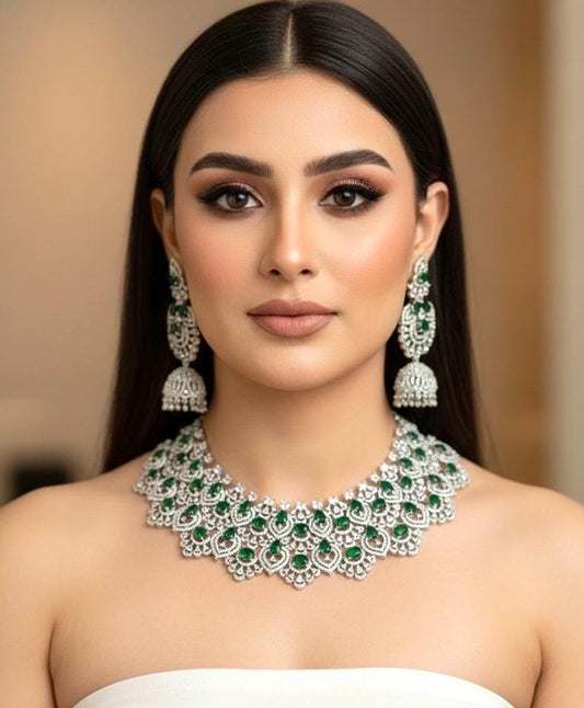 SAMIRA Emerald green American Diamond necklace Choker set Indian bridal wedding jewelry,Pakistani zircon jewellery,green colour set